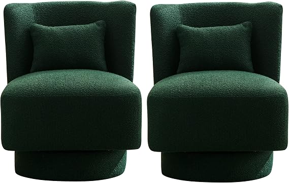Modern Boucle Upholstered Accent Swivel Barrel Chair, Armless Leisure Club Lounge Chair with Swivel Wood Base, Reading Chair for Living Room, Bedroom, Home Office (2pcs Chair, Green)