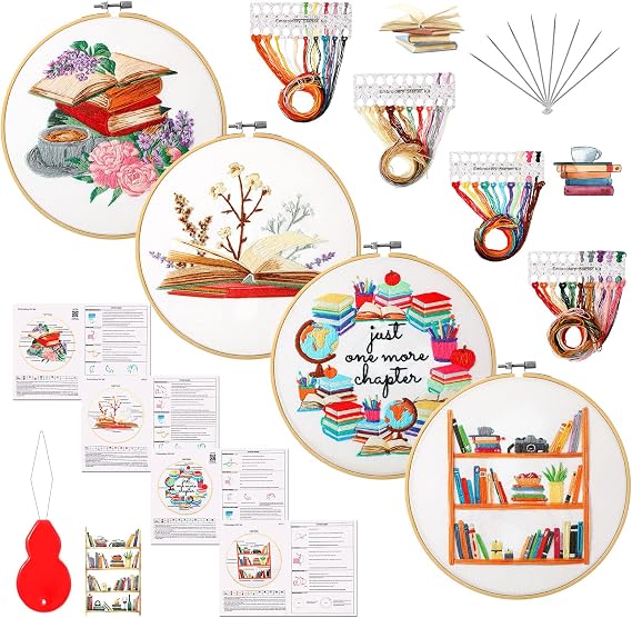Unittype 4 Set 8'' Book Flower Embroidery Kits for Beginner Adult, Classic