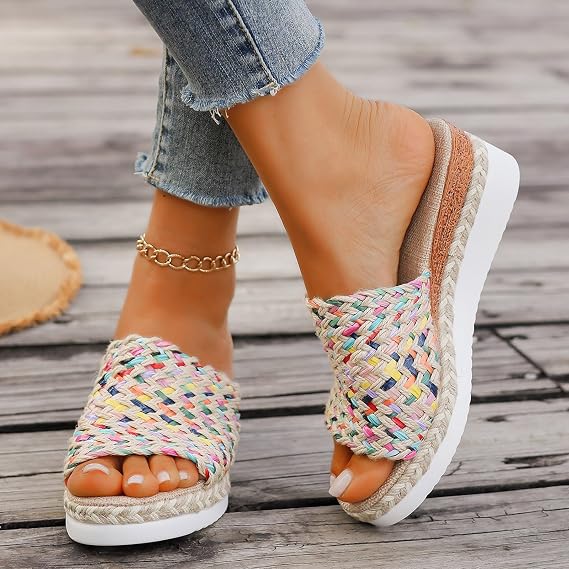 Wedge Sandals for Women,2025 New Women's Orthopedic Wedge Sandals,Multicolor Platform Espadrille Sandals,Woven High Heels Open Toe Espadrilles Wedges Boho Casual Comfortable Slip on Slide Sandals