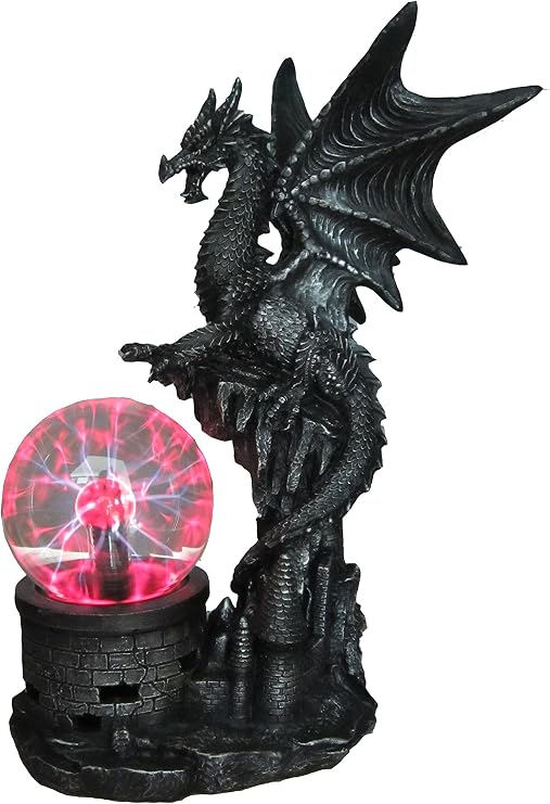 DWK - Dragon Power - Medieval Dragon Guardian Magic Castle Orb Lamp Electric Plasma Ball Gothic Mythical Fantasy Desk Table Lighting Home Decor Accent Light, 13.5-inch