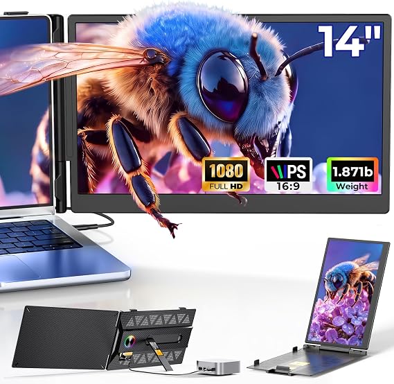 Laptop Screen Extender, 14" FHD 1080P Portable Monitor for Laptop with 100% sRGB, Dual Screen Extender for Laptop 1317.3", Plug & Play External Monitor, Business Travel & Home Office