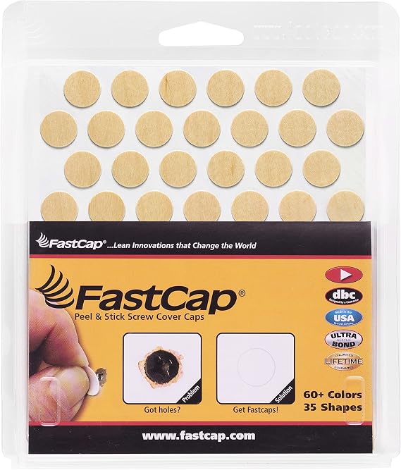 FastCap 9/16" (14mm) Screw Hole Covers. Made from Prefinished Real Wood with Ultra-Bond PSA Super Thin Adhesive. Made in USA. Maple Color. (52 Round Stickers on Each Sheet - Retail Pack of 1 Sheet)