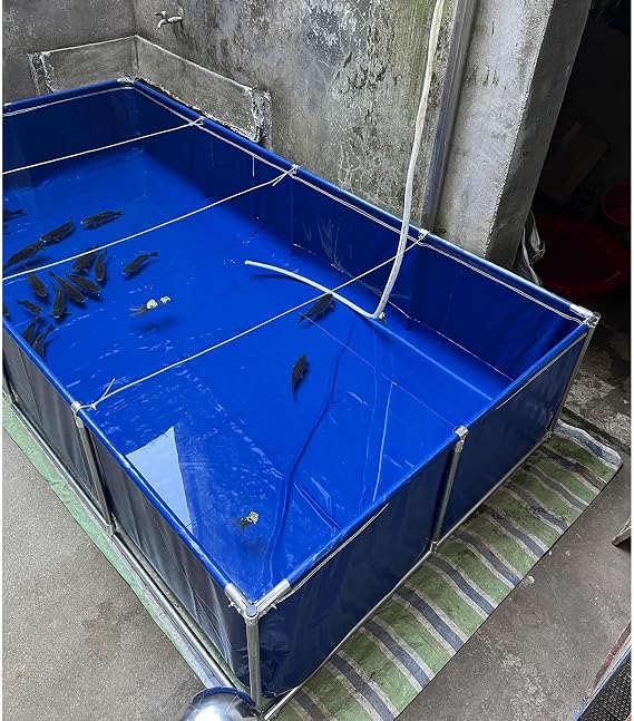 Above Ground Canvas Fish Pond, 50 100 160 200 240 300 360 Gal Blue Aquarium Pool Water Tank Foldable with Galvanized Frame, Relax Family Swimming Pool(600L/159Gal - 1x1x0.6m)