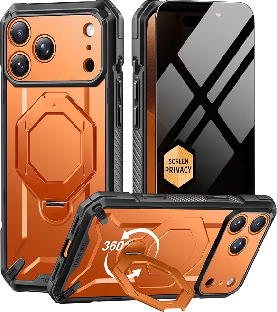 TONGATE for iPhone 17 Pro Max Case with 360 Spin Magnetic Stand, [Compatible with MagSafe][Military-Grade Protection] with Privacy Screen Protector & Camera Control Cover for iPhone 17 ProMax,Orange