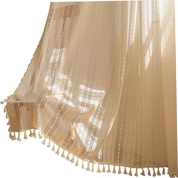 2 Panels Boho Curtains 58x84 inch Rod Pocket Semi Sheer Crochet Boho Lace Curtains with Tassel for Bedroom Living Room Crochet Lace Sheer BOH