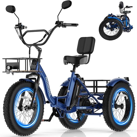 MOONCOOL Electric Trike for Adults, 20" Fat Tire 7 Speed Folding Tricycle