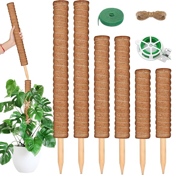 ROADPLUM 102 Inch Moss Pole for Plants Indoor (2*21.7", 2*16.5", 2*12.6") 6Pcs Coco Coir Pole Monstera Plant Support Pole for Plants Climbing with 65.6ft Twist Tie, Plant Tie and Jute Rope for Potted