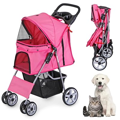 LEMY Foldable Pet Stroller,4 Wheels CatDog Stroller with Weather Cover for SmallMedium Dogs and Cats,Pink Pet Strolling Cart with Storage Basket and Cup Holder