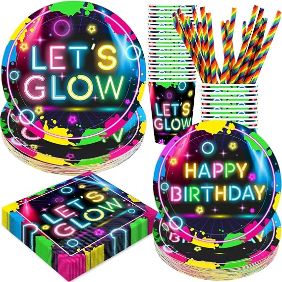 Glow Neon Birthday Party Supplies, 120Pcs Let's Glow Birthday Party Decorations Disposable and Radiant Tableware Includes Plates, Napkins, Cups and Straws | Serves 24