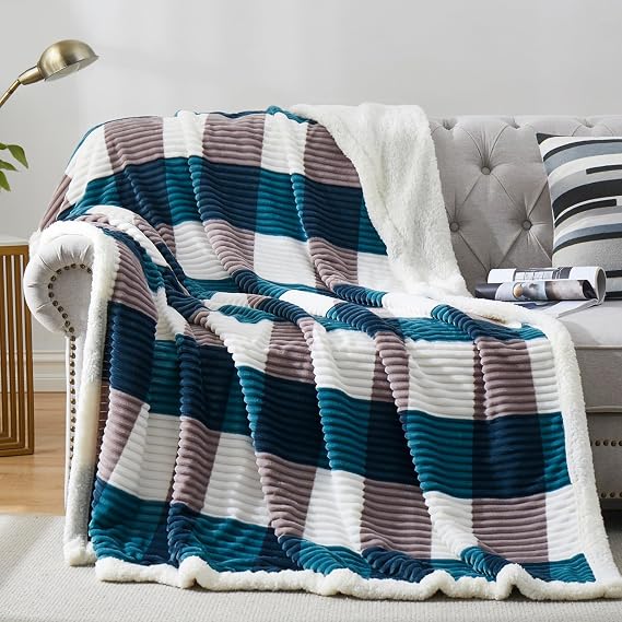 PU MEI Sherpa Blanket Twin Plaid Thick Bed Blanket, 60*80 Super Soft Flannel Fuzzy Fleece Reversible Velvet Plush Warm Blanket for Couch (Teal Check, 60"*80")