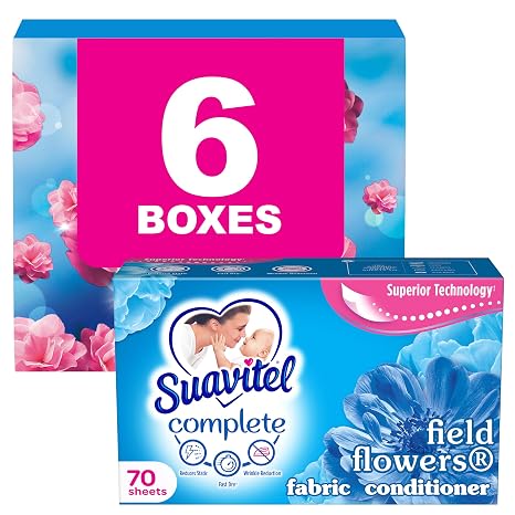SUAVITEL Complete Dryer Sheets, Field Flowers, 420 Sheets Total (70 Sheets|Case of 6) | Compare to Dryer Balls | Household Supplies | Laundry Scent Boosters, Laundry Sheets & Laundry Softener (139375)