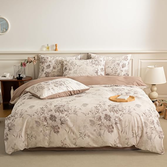 BISELINA Warm & Soft Brushed Cotton Floral Duvet Cover Set Winter Comforter Style Design, Reversible Flower Print, 3-Piece, Coffee/White, King