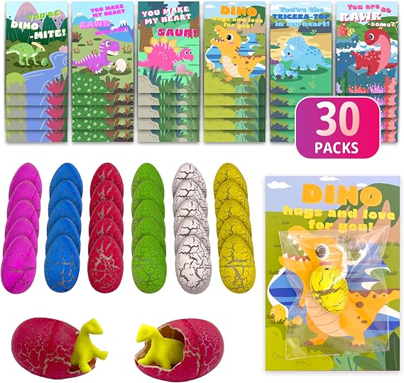 Gocozer 30Pack Dinosaur Valentines Cards for Kids Classroom, Hatching Dinosaur Eggs with Growing Dinosaurs Inside,Grow in Water Toys,Dino Valentines Cards,Boys Valentines Day Gifts for Toddler School