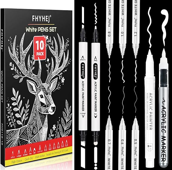 White Ink Pens Set, Gel & Dual-Tip Acrylic Markers for Black Paper