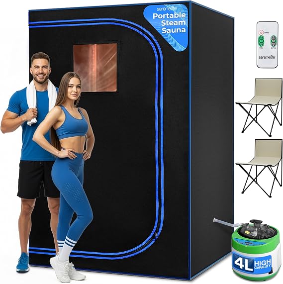 SereneLife Portable Sauna for Home, 2 Person Steam Sauna Tent with 4L Steamer, 2 Folding Sauna Chairs, Remote Control in-Home Spa, 6' x 4'
