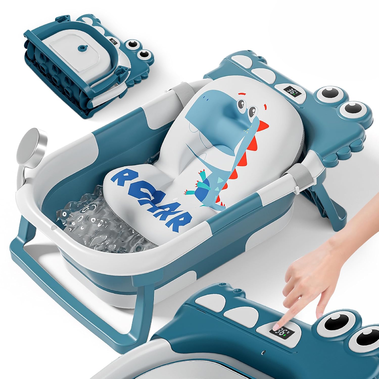 Foldable Baby Bath with Non-Slip Bath Pillow XXL Baby Bath Seat and Bath Thermometer From Birth to 3 Years Baby Bathtub Birth Gifts for Girls and Boys