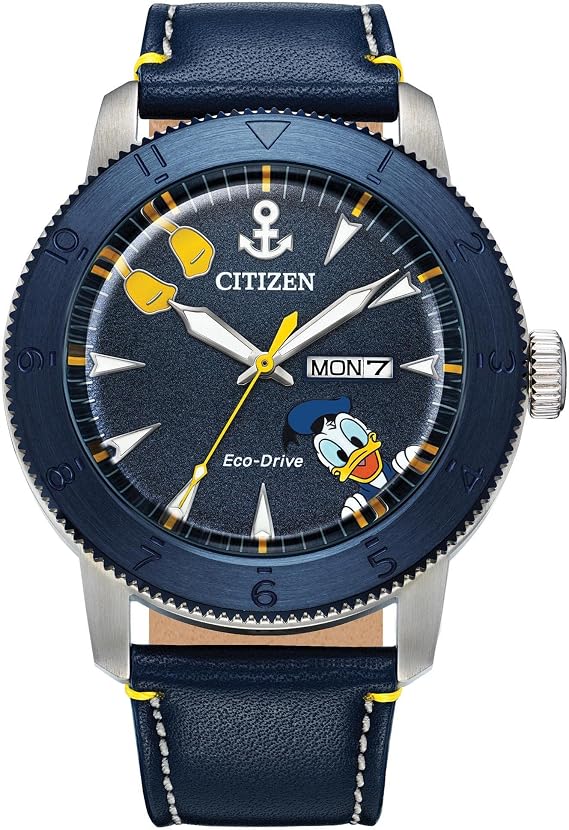 Citizen Eco-Drive Men's Disney Donald Duck Watch, Blue IP Stainless Steel on Blue Leather Strap, 3-Hand Day Date, Luminous, 44mm (Model: AW0075-06W)