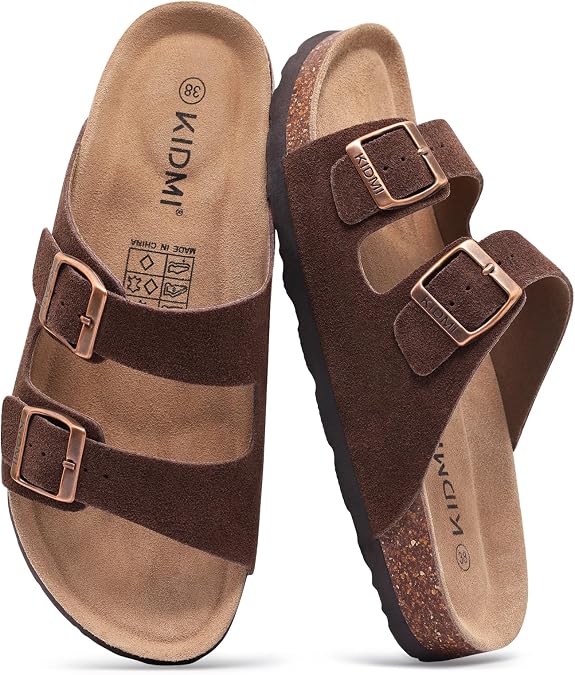 KIDMI Unisex Summer Sandals Arch Support Cork Footbed Slide Sandals with Double Adjustable Buckle for Women Men