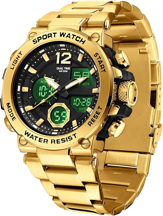 findtime Analogue Digital Watch for Men 5ATM Waterproof Watch Military Stopwatch Alarm Heavy Duty Steel Wrist Watch Outdoor Business Gold Watches for Men