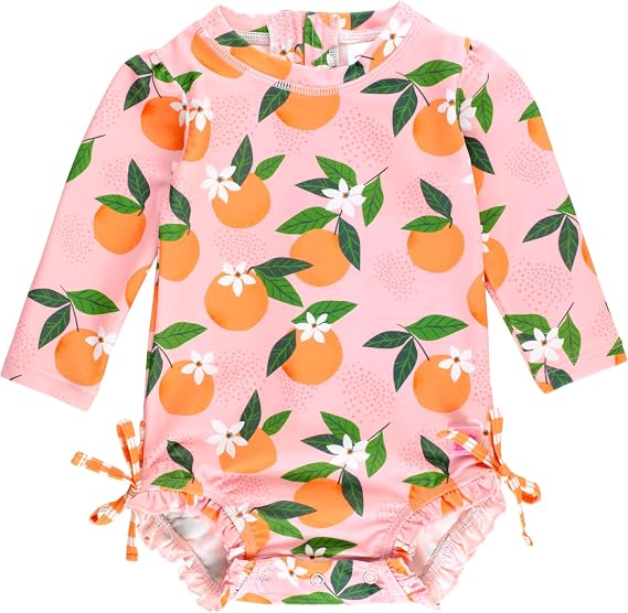 RuffleButts Baby Girls UPF 50+ Sun Protection Floral Printed Long Sleeve One Piece Rash Guard Swimsuit with Zipper