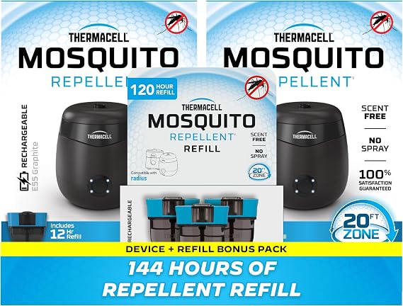 Thermacell E55 E-Series Rechargeable Mosquito Repeller 2-Pack + 120-Hr Refill Bundle, 20' Mosquito Protection Zone; Graphite; 144 Hours of Protection; Bug Spray Alternative; Scent Free; No Flame