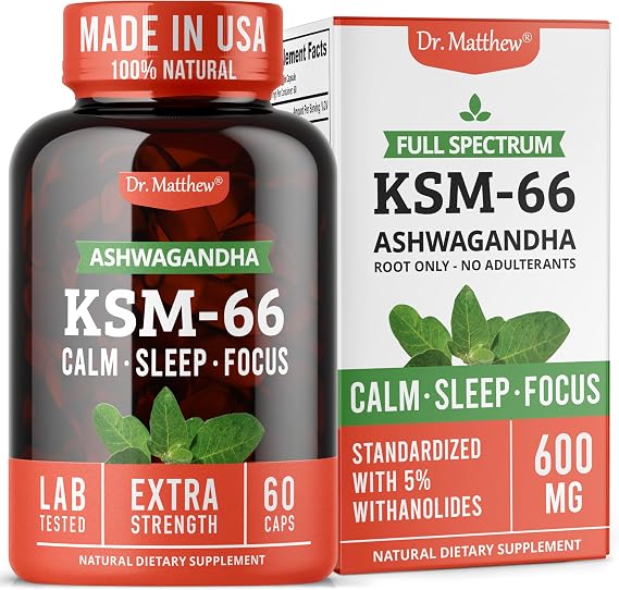Ashwagandha KSM 66 Organic KSM-66 ashwagandha 600mg Root Extract Full Spectrum Capsules | Standardized 5% Withanolides | Natural Stress Relief, Cortisol & Sleep Aid Supplement | Muscle Growth & Mood