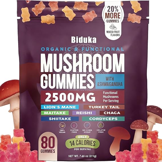 Organic Functional Mushroom Gummies with Ashwagandha | 2500MG | 20% More Gummies | Vegan, Gluten-Free, Non-GMO | 80 Count