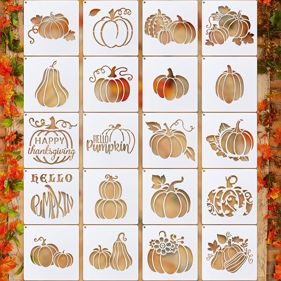 20 Pieces Autumn Leaf Stencils Fall Pumpkin Templates Reusable Craft Stencils Plastic Painting Harvest Stencil for Craft DIY Fabric Canvas Wall Maple Leaf Pumpkin Painting Home Decorations(Pumpkin)