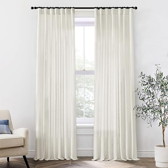 XTMYI 120 Inch Long Linen Curtains,10 FT Back Tab Hooks Belt for Rail Track, Light Filtering Semi Sheer Tall Window High Ceiling Drapes for Living Room, 50W x 120L 2 Panels, Cream