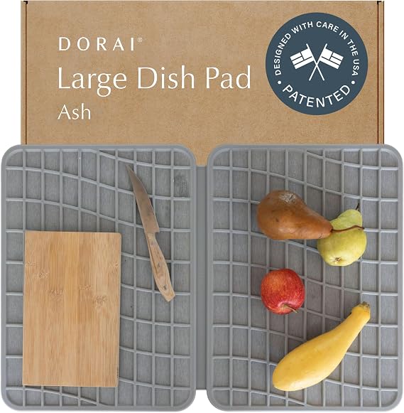 Dorai Home Dish Pad - Collapsable Stone Dish Drying Mat with Diatomaceous Earth for Quick Drying - Ultra Absorbent - Encased in Silicone - Eco-Friendly, Foldable - Large 24.6" x 16.5", Ash
