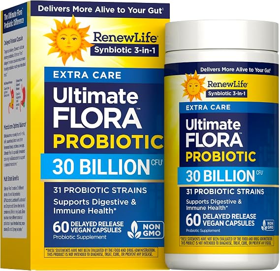 RenewLife Extra Care Ultimate FLORA Probiotic, 60 capsules | 60 Vegetarian Capsules | Supports Digestive, Immune & Respiratory Health | Dairy, Soy and Gluten-Free Supplement