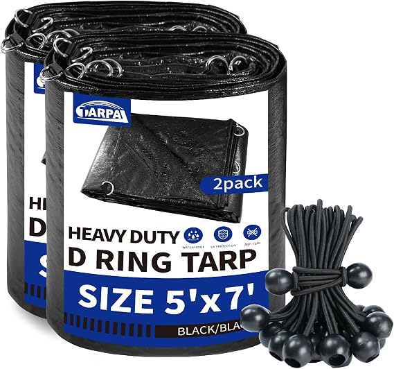 TARPAL Tarp 5x7 Heavy Duty Tarps (2Pack) 14mil D-Shaped Metal Ring Waterproof tarp with Ball Bungee Cord (25 Pack) UV Resistant Triangular Design Reinforced Corners and Edges(Black)