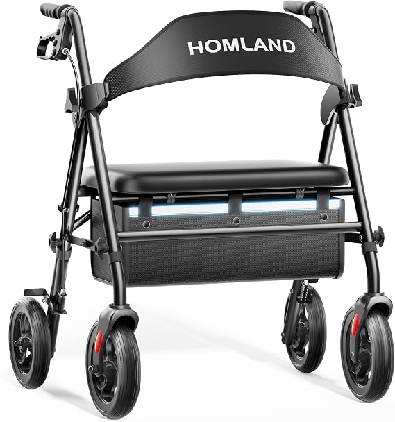 HOMLAND Bariatric Walkers for Seniors with Seat, 20" Extra Wide Padded Seat | Heavy-Duty Rollator, 27" Wide Frame, Easy to Assemble, Foldable Rolling Walker with Height Adjustable, 8" All-Terrain Wheels