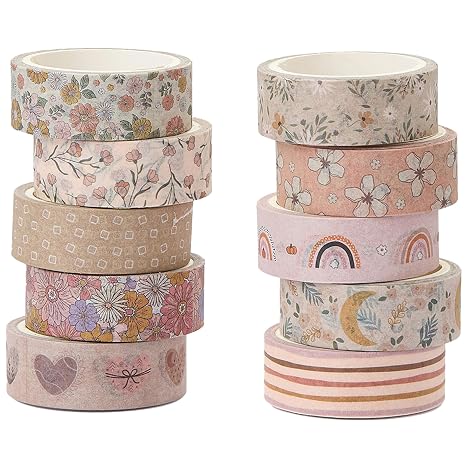 Boho Washi Tape Set 10 Rolls Cute Masking Graphic Floral Pattern Decorative Tapes for Arts, DIY Crafts, Journals, Planners, Scrapbook, Wrapping (Warm)
