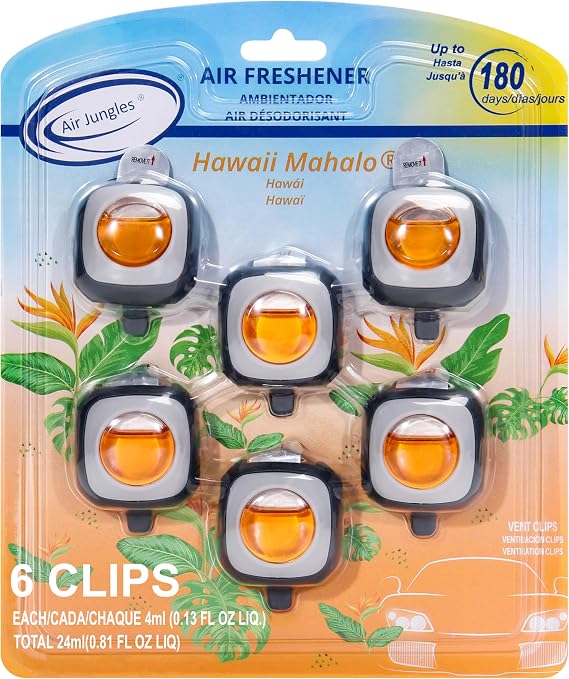 Air Jungles Hawaiian Scent Car Air Freshener Vent Clip 6 Ct, Long Lasting | Natural Essential Oil, Car Fragrance Accessories for Women and Men, Odor Eliminator, 4 mL Each