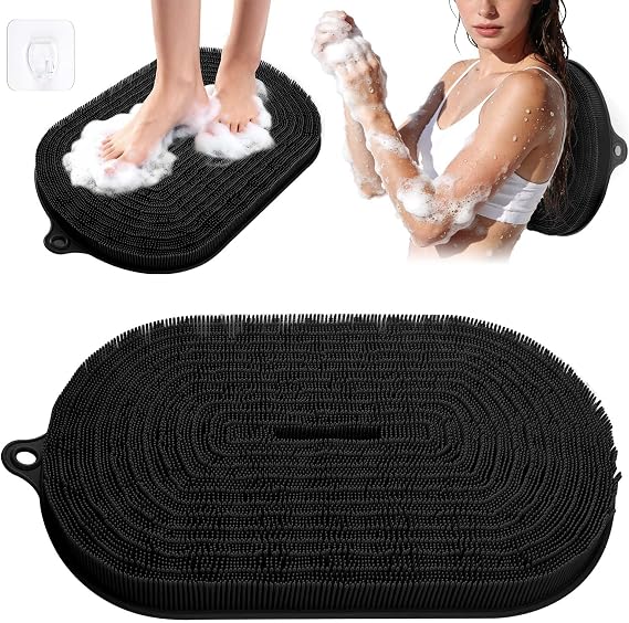 Wall Back Scrubber for Shower - Silicone Bath Mat for Exfoliating & Massaging Feet in Shower, Non-Slip Suction Cups, Dead Skin Remover, Callus Cleaner for Men & Women, 20.9"x13.8" Black