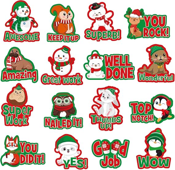 400 Pieces Christmas Stickers Teacher Reward Stickers Winter Motivational Positive Kindness Labels Cute Holiday Xmas Animal Sticker for Kids Homework Tests Assignments Classroom (Christmas)