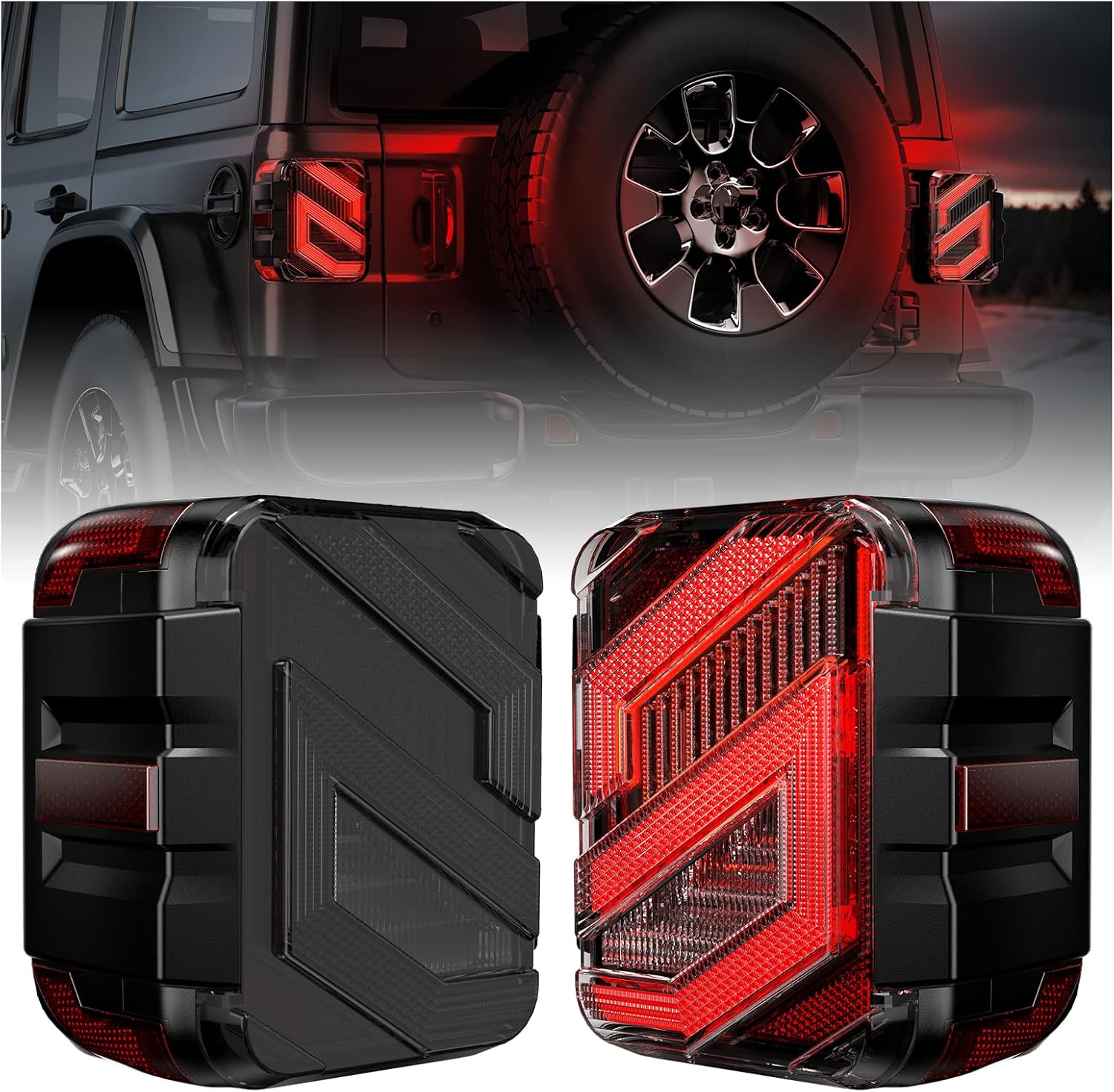 Led Tail Lights Compatible with Jeep Wrangler JL JLU 2018-2025 Rubicon Sahara Sport with Turn Signal, Brake Light, 30W Super Bright Reverse Lights, DOT Approved, Unique S Shaped Design Black Lens