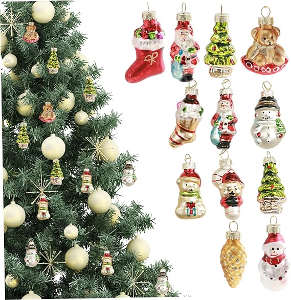 Gcroet 12Pcs Christmas Tree Ornaments Colourful Mini Glass Baubles with Rope Hanging Vintage Christmas Ornaments for Xmas Tree Party Decorations.