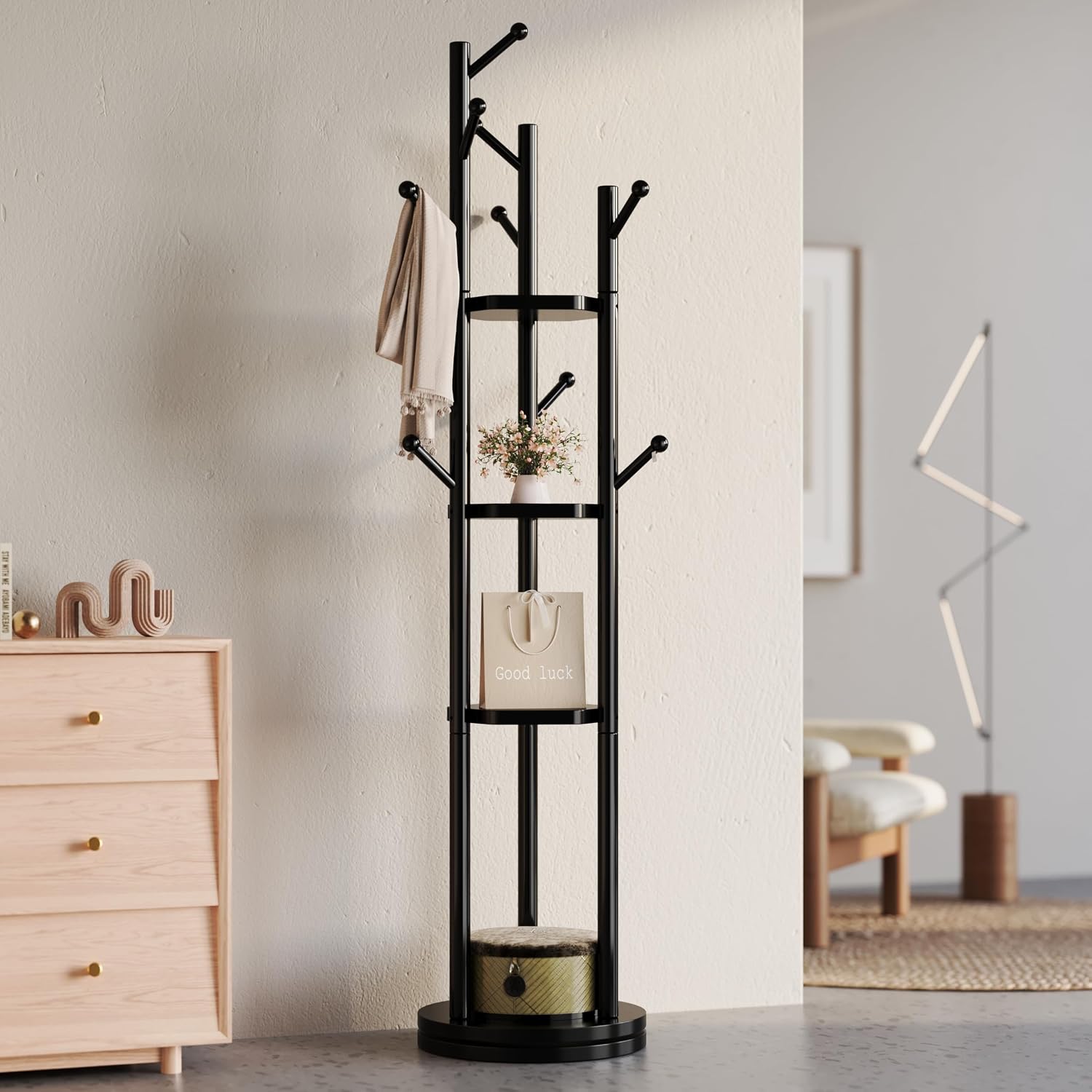 Solid Wood Coat Rack Freestanding, Rotating Coat Rack with 3 Shelves and 9 Hooks, Coat Tree for Bedroom, Entryway, Livingroom, Coat Hanger Stand for Coats, Scarves, Handbags (Black)