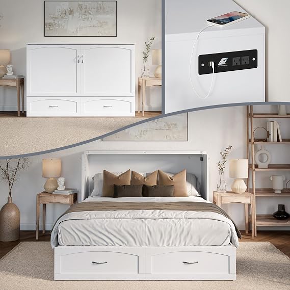 AFI, Marion Queen Wood Murphy Bed Chest with 6" Mattress & Drawer, White
