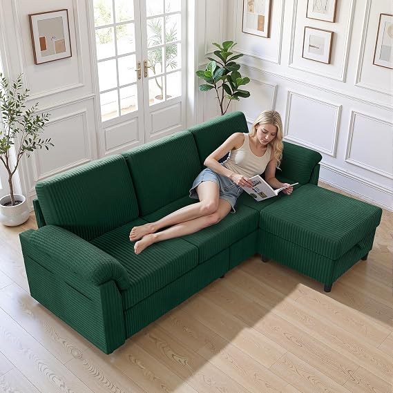 Walsunny 79" Convertible Sectional Sofa, Reversible Modern L Shaped 3 Seat Modular Sofa Couch with Pillows and Storage Ottoman for Living Room(Green)