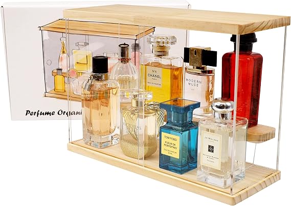 JM Cologne Organizer for Men - Acrylic Perfume Display Stand and Storage, Wooden Fragrance Organizer for Vanity