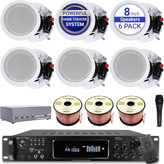 Vaiyer Sound System Kit, 7.2 Channel 1500 Watts Bluetooth Amplifier | w/ 6 Qty of 8" Framed Ceiling Speakers 300 W Each, Mic, 4-Ch Speaker Selector, 16 AWG 300 ft Speaker Wire & Remote