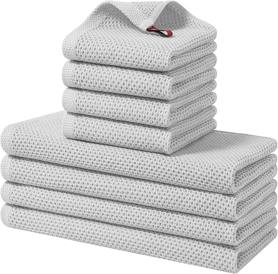 Homaxy 8 Pack 100% Cotton Kitchen Towels and Dishcloths Set, Light Gray