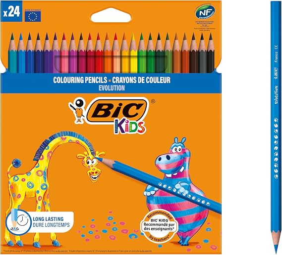 BIC Kids Evolution Dry Crayon, 24-Piece Box, No Splinters, Chew Resistant, Easy to Open