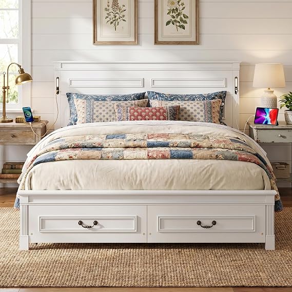 King Size Bed Frame with Tall Headboard & Footboard,2 Storage Drawers,Solid Wood Platform Bed,Built-in LED Lights,USB Charging Station,Strengthened Noise-Free Frame,No Box Spring Needed,White