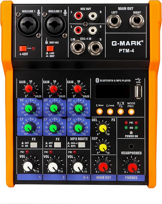 G-MARK Analog Mixer Audio 4 Channel DJ Audio Mixer Bluetooth Studio Karaoke For PC Live Performance KTV Home Stage Music Effects Sound Card Protable Mixing Console