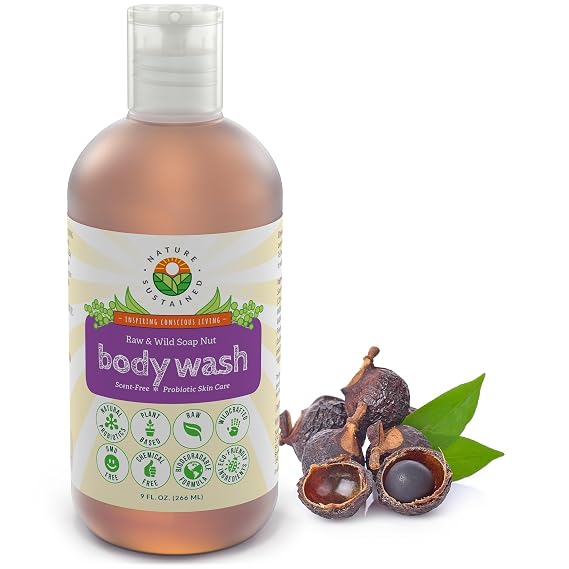 Nature Sustained Organic Body Wash & Face Wash Raw & Wildcrafted with Probiotics, Soapberry Formula for Eczema & Psoriasis - Wild Plants Selected for Sensitive & Dry Skin, 9oz, Original