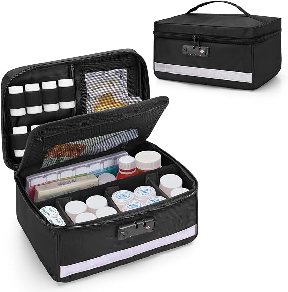 Damero Locking Pill Bottle Organizer with Inner Dividers, Medicine Storage and Organizer Bag Combination Lock for Medicine, Vitamins and Medical Supplies, Black